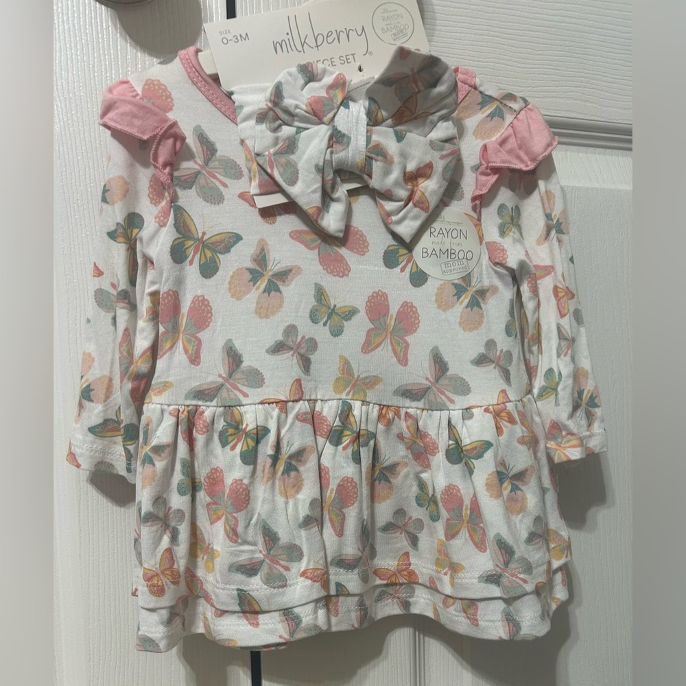 Milkberry Baby Girl 3 Pc.Outfit Set Pink Butterfly  Soft Bamboo NWT 0/3 Months